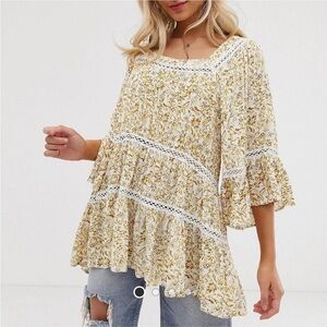 Free People Yellow Floral Boho Tunic Top